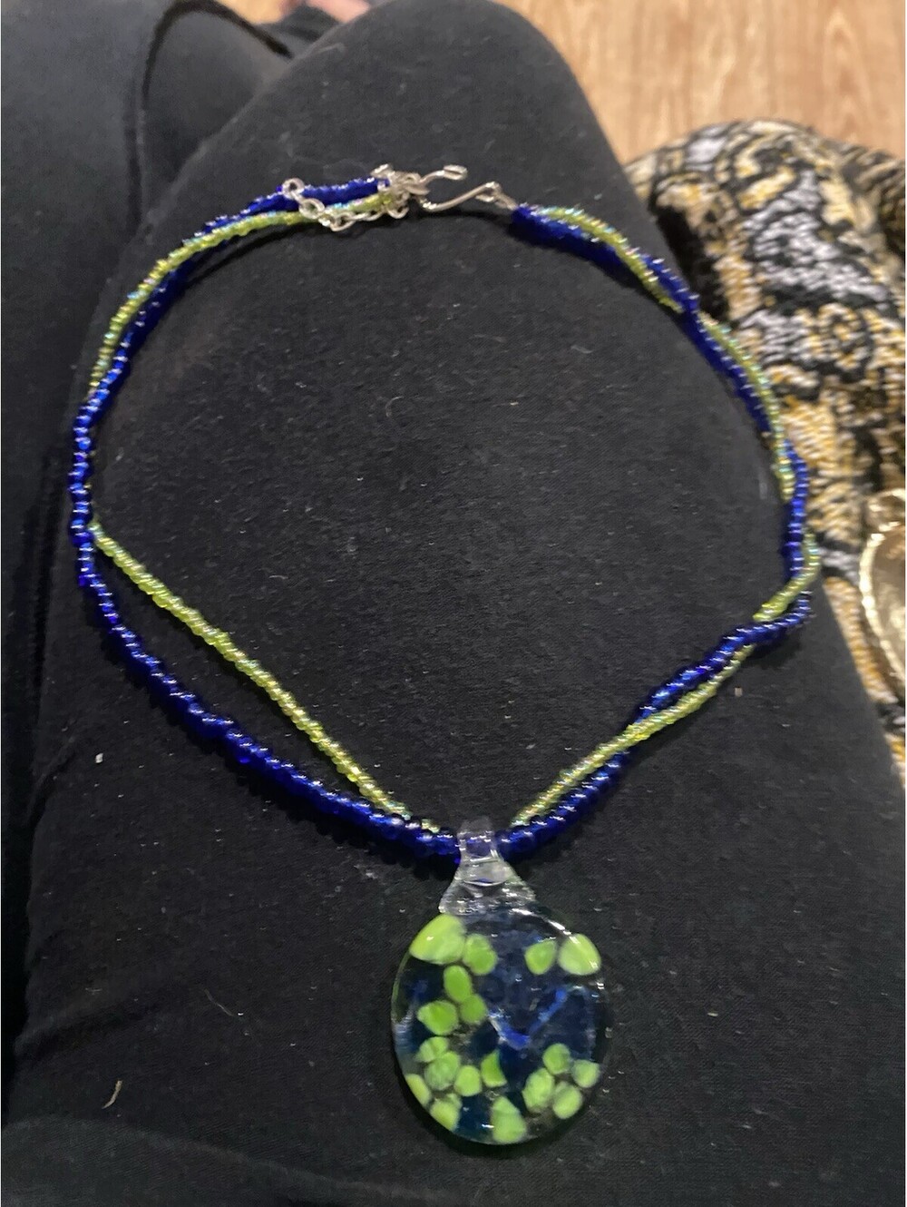 Handmade Fused Art Glass Pendant Necklace Blue Green 925 Sterling 23"